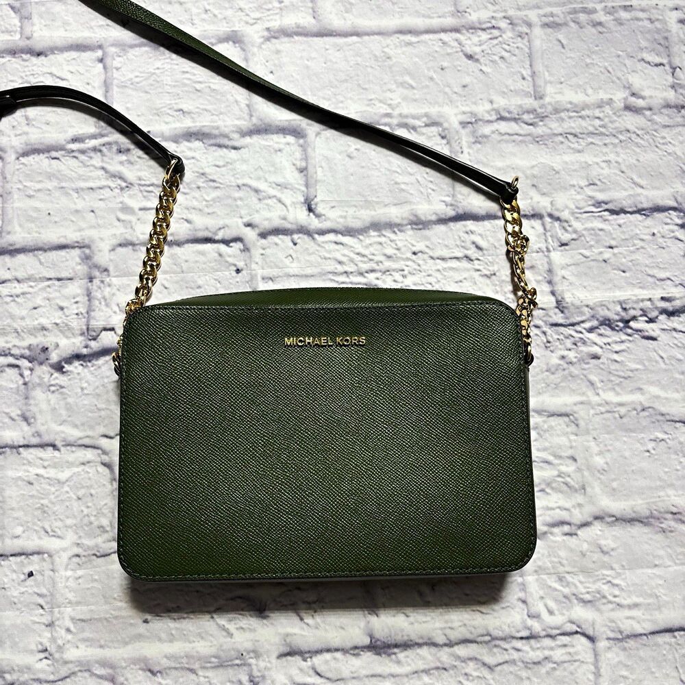 Michael Kors Green Saffiano Leather Crossbody Bag Gold Chain Shoulder Purse